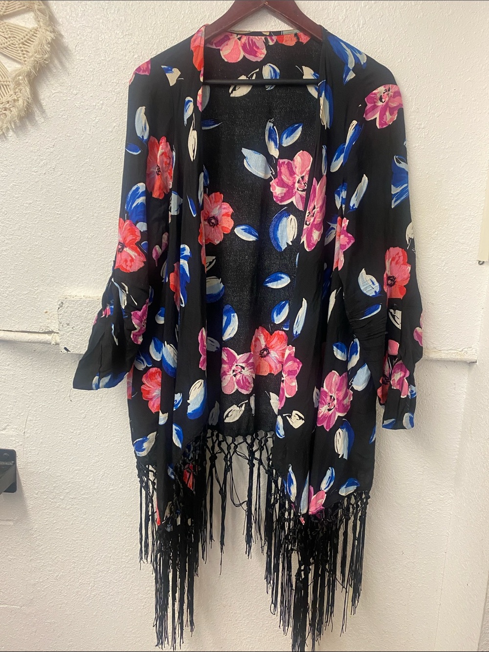 Fringed floral kimono - roll top sleeves- plus size (fits up to 3X)